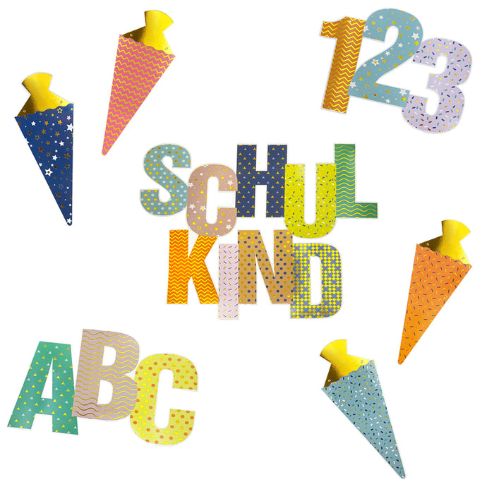 Schul Konfetti Set 14 Stk. metallisch glänzende Motive ABC 123 uvm. für Schuleinführung Einschulung Schulanfang