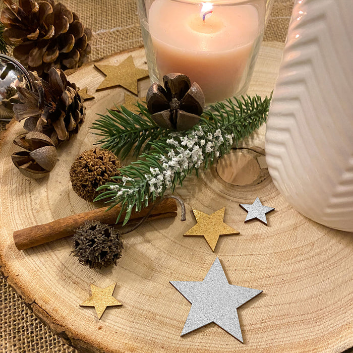 Holz Sterne Deko Set Holzdeko Weihnachtsdeko Tischdeko Streudeko für Weihnachten - silber