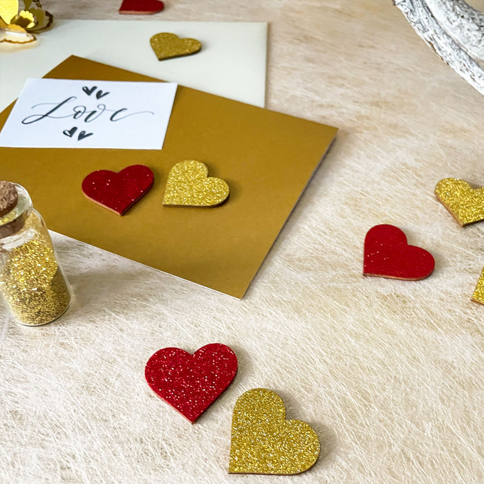 25 Holz Herzen gold Glitzer Konfetti Holzdeko Tischdeko Streudeko für JGA Hochzeit Valentinstag Party zum Basteln