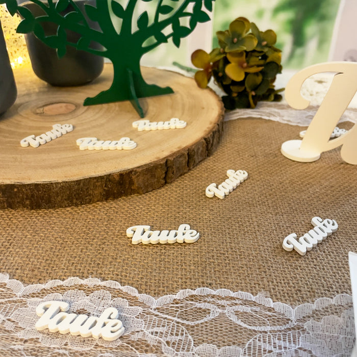 Holz Konfetti Set Taufe Schriftzug 18 Stk. Tischdeko für Taufe Traufe Hochzeit Deko Junge Mädchen Streudeko - weiß