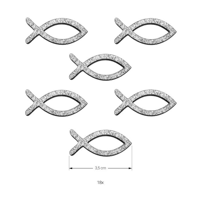 18 Holz Fische glitzernd als Streudeko Tischdeko für Taufe Kommunion Konfirmation - Echtholz silber