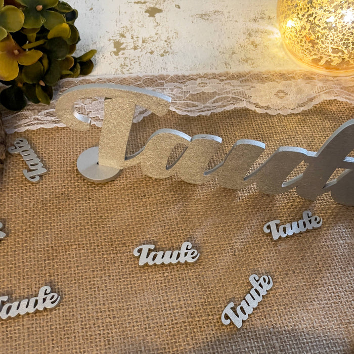 Holz Konfetti Set Taufe Schriftzug 18 Stk. Tischdeko für Taufe Traufe Hochzeit Deko Junge Mädchen Streudeko - silber