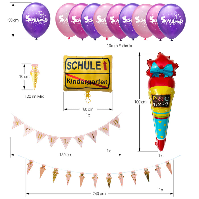 Schuleinführung Schulanfang Einschulung Deko Set für Mädchen - Girlanden + Luftballons + Konfetti