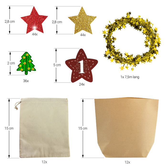 DIY Adventskalender Set - 12 Kraftpapier Tüten + 12 Baumwollsäckchen + 24 Zahlen Sticker uvm. für Weihnachten Advent Deko