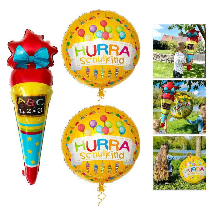 Schuleinführung Schulanfang Einschulung Deko Set - Folien Ballon Zuckertüte + 2x HURRA Schulkind Luftballons