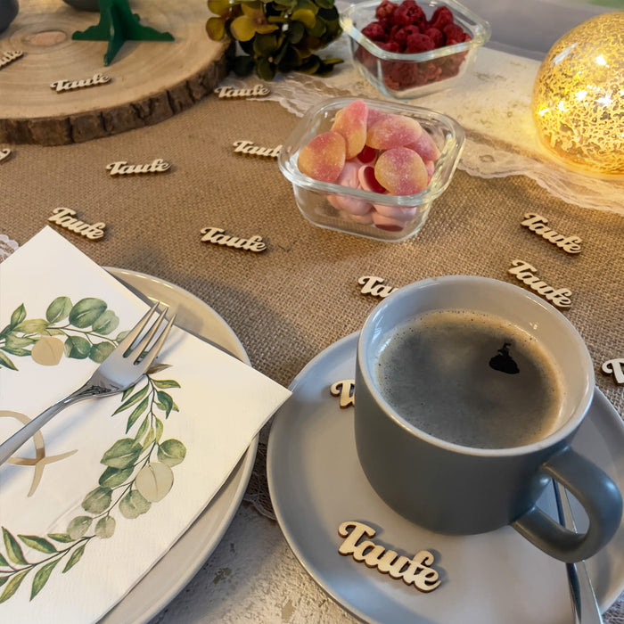 Holz Konfetti Set Taufe Schriftzug 18 Stk. Tischdeko für Taufe Traufe Hochzeit Deko Junge Mädchen Streudeko - natur