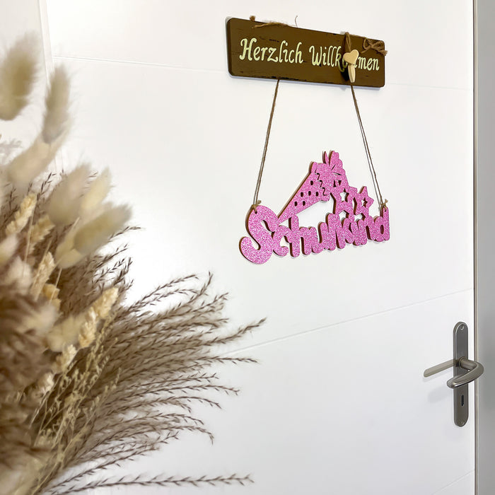 Schulkind Holz Schild als Tür Anhänger für Schuleinführung Einschulung Mädchen Deko zum Aufhängen - rosa