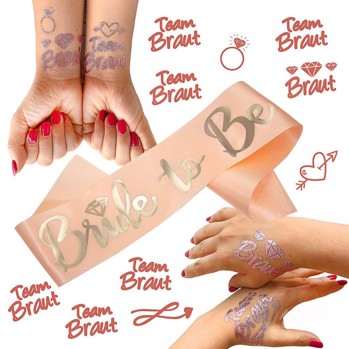 JGA Hochzeit Accessoire Set - Braut Schärpe + Braut - Team Braut Tattoos lachs roségold