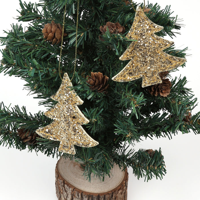 2er Set Tannenbaum Anhänger Weihnachten Glitzer Aufhänger Deko für Advent Weihnachtsdeko Baumschmuck - gold