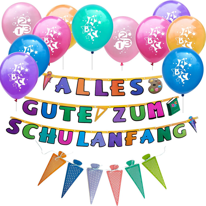 Schuleinführung Schulanfang Einschulung Deko Set - Luftballons + Girlande + Einladungskarten