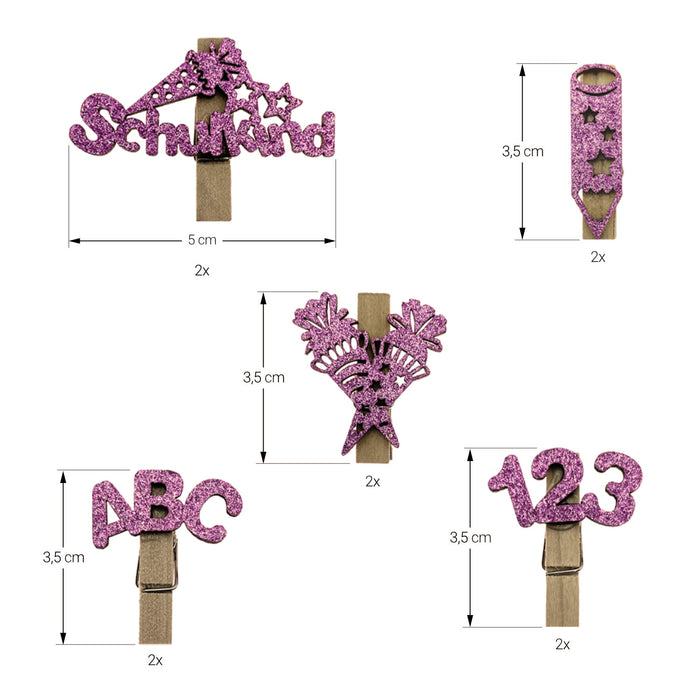 10 Mini Wäscheklammern Holz Miniklammern Glitzernd mit Schulkind 123 ABC Motiv für Schuleinführung Einschulung - rosa