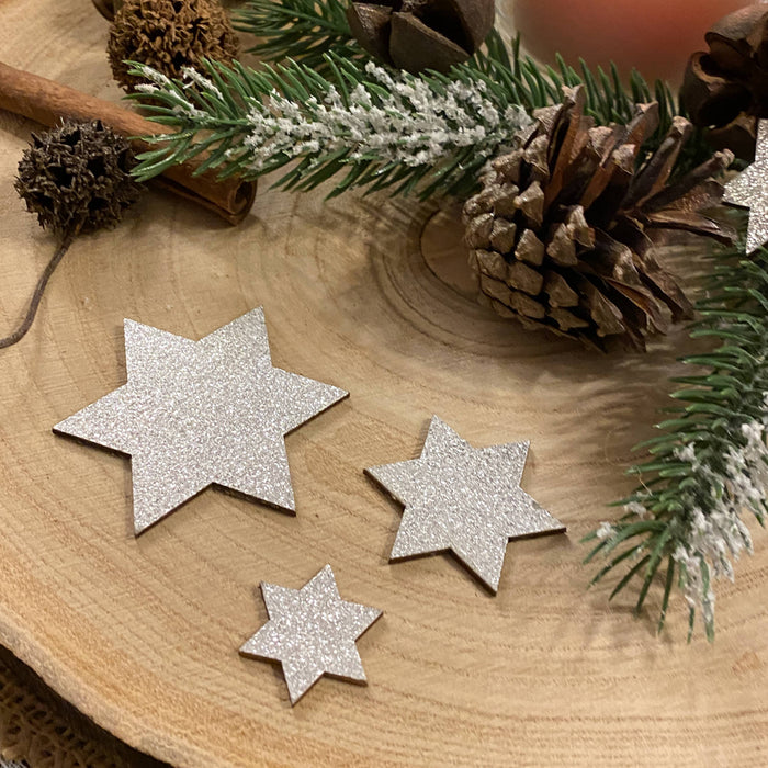 Holz Sterne Deko Set Holzdeko Weihnachtsdeko Tischdeko Streudeko für Weihnachten - silber