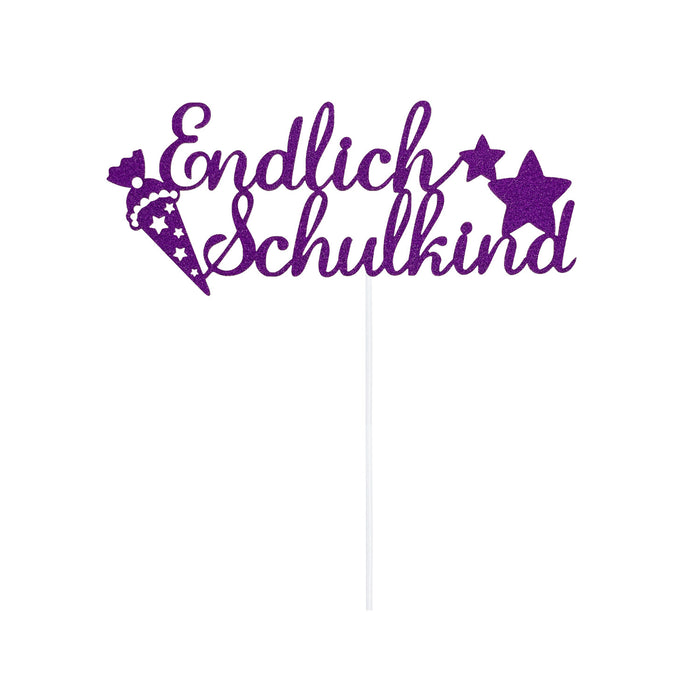 Endlich Schulkind Torten Topper Glitzernd lila für Schuleinführung Einschulung Schulanfang Mädchen Kuchendeckel