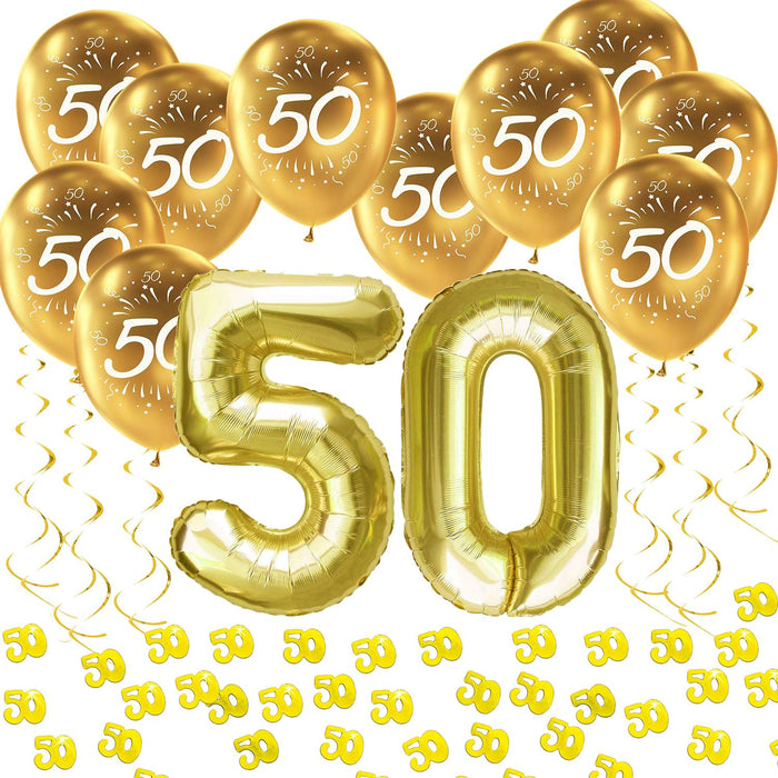 50. Geburtstag Goldene Hochzeit Deko Set - Luftballons Zahl 50 + Konfetti + Spiral Girlanden