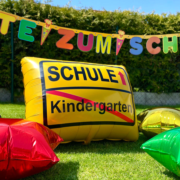 Schuleinführung Schulanfang Einschulung Deko Set - Alles Gute zum Schulanfang Girlande + Schule und Stern Luftballons