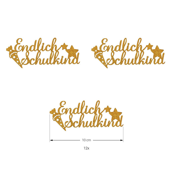 Schuleinführung Schulanfang Einschulung Deko Set - Torten Topper + Konfetti Set Endlich Schulkind gold