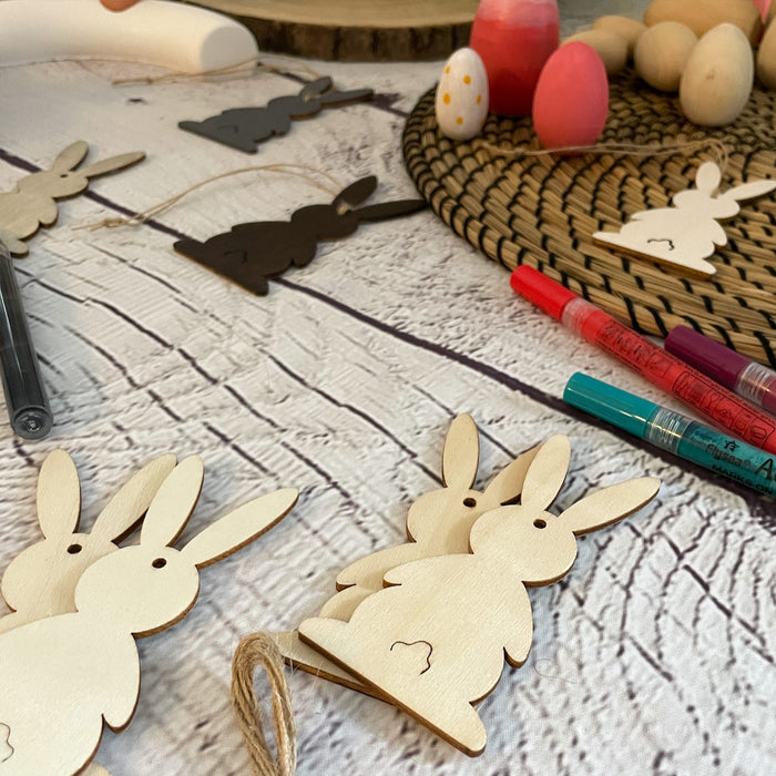 Holz Hasen Anhänger 12er Set zum Aufhängen Hängedeko für Osterstrauß Deko aus Echtholz für Ostern zum Basteln