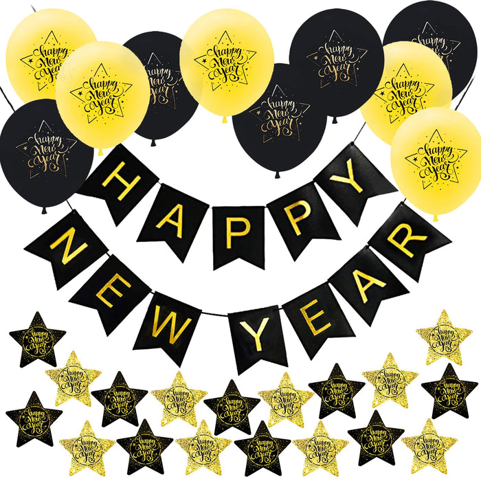 Happy New Year Silvester Neujahr Party Feier Deko Set - Girlande Luftballons Stern Konfetti