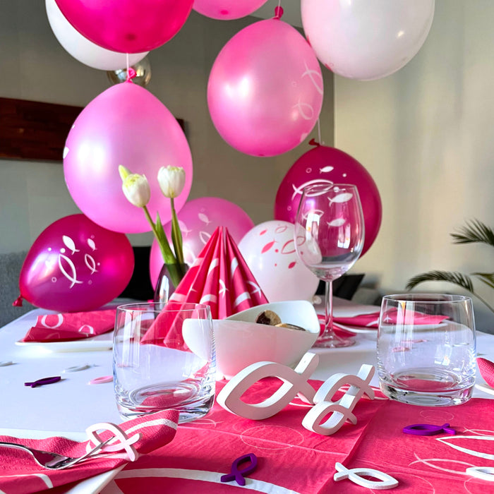 Deko Set für Taufe Kommunion Konfirmation Mädchen - Luftballons + Holz Fische + Servietten - rosa pink weiß