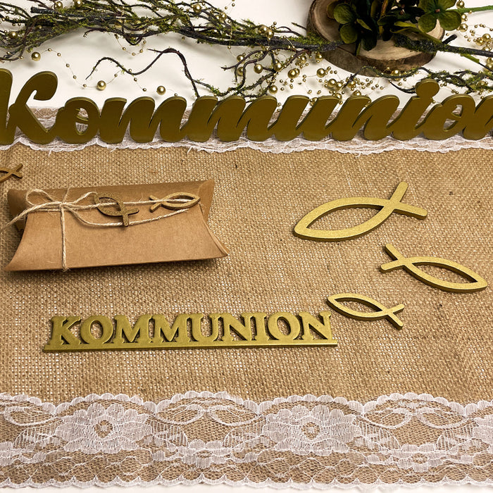 Schriftzug Kommunion aus Holz 2er Set als Tischdeko für Kommunion Deko Dekoration Junge Mädchen - gold