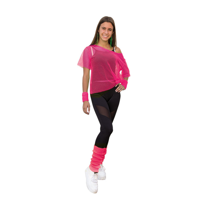 Netzshirt + Stulpen Set 2-teilig 80er Jahre 80s Karneval Fasching Motto Party für Damen neon pink