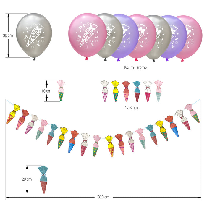 Schuleinführung Schulanfang Einschulung Deko Set - Zuckertüten Girlande + Luftballon Set + Konfetti