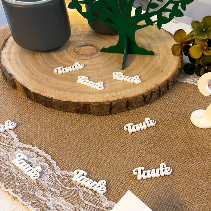 Holz Konfetti Set Taufe Schriftzug 18 Stk. Tischdeko für Taufe Traufe Hochzeit Deko Junge Mädchen Streudeko - weiß