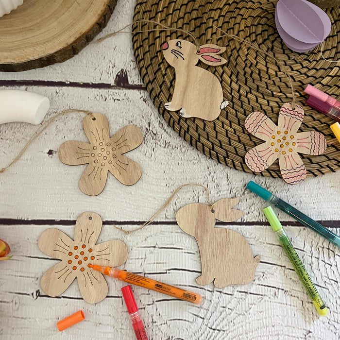 Holz Hasen und Blumen Anhänger 10er Set zum Aufhängen Hängedeko Osterstrauß Deko für Ostern zum Basteln