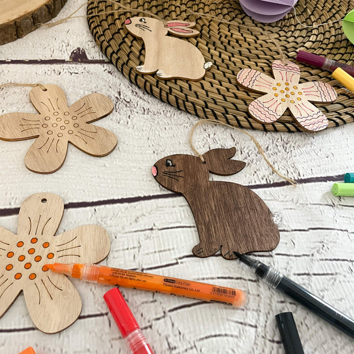 Holz Hasen und Blumen Anhänger 10er Set zum Aufhängen Hängedeko Osterstrauß Deko für Ostern zum Basteln