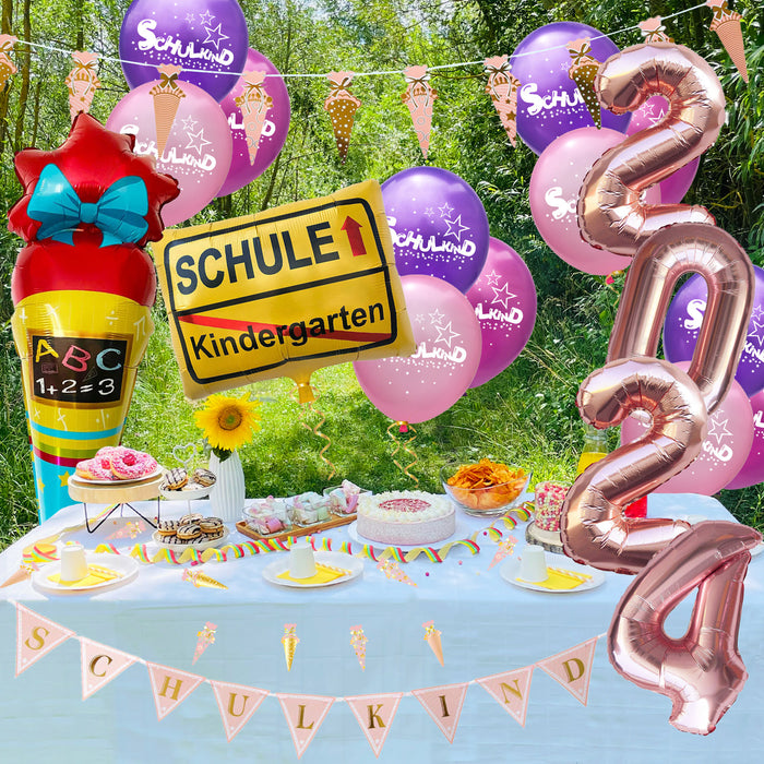 Schuleinführung Schulanfang Einschulung Deko Set 2024 für Mädchen - Girlanden + Luftballons + Konfetti