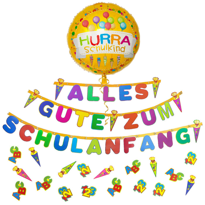 Schuleinführung Schulanfang Einschulung Deko Set - Alles Gute zum Schulanfang Girlande + Luftballon + Konfetti