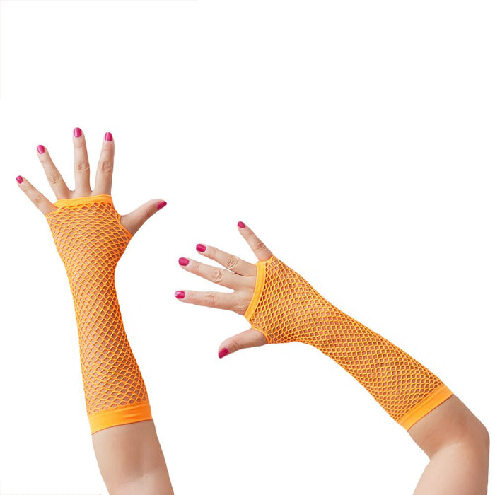 Netzhandschuhe lang fingerlos Party Karneval Fasching - neon orange