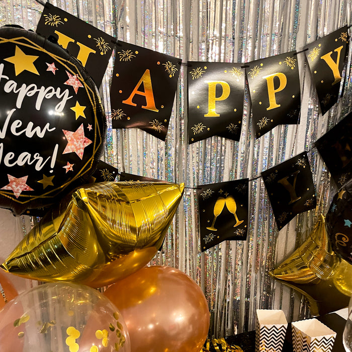 Happy New Year Wimpel Girlande Banner Wimpelkette für Silvester Neujahr Party Feier Deko schwarz gold