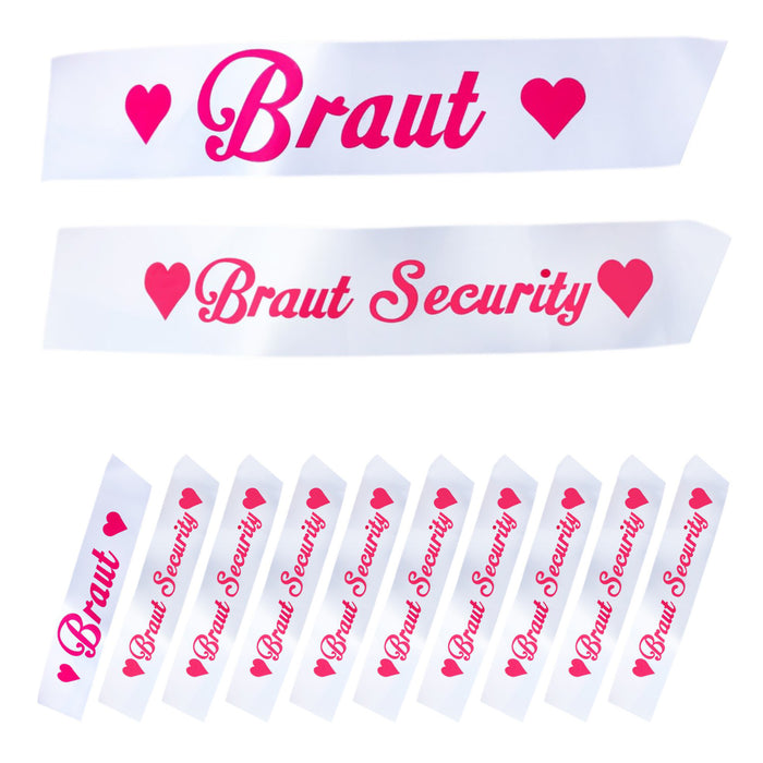 Schärpe Braut + Braut Security Set JGA Hen Party Bride to be Herz weiß