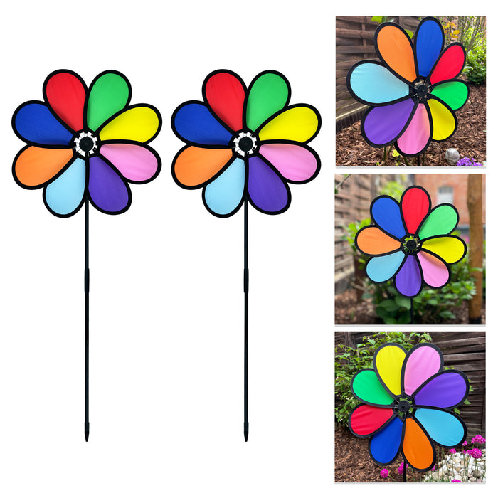 2x Windrad Blume in Regenbogen Farben Windmühle Windspiel als Deko für Garten Balkon Terrasse Deko Sommer Party