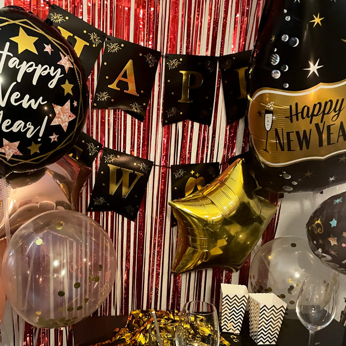 Happy New Year Wimpel Girlande Banner Wimpelkette für Silvester Neujahr Party Feier Deko schwarz gold