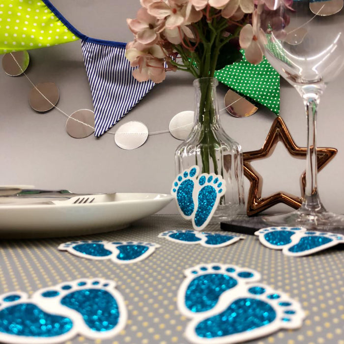 10 Konfetti Baby Füßchen für Junge Baby Shower Deko Geburt - blau