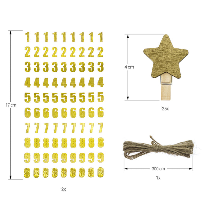 25 Stern Klammern und Zahlen Sticker Aufkleber für Weihnachten Adventskalender Deko DIY Kalender Basteln - gold