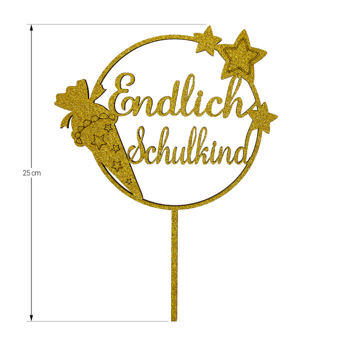 Endlich Schulkind Holz Torten Topper Glitzernd gold für Schuleinführung Einschulung Schulanfang Kuchendeckel