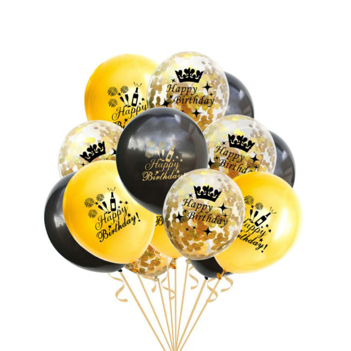 Konfetti Luftballon Set Happy Birthday Geburtstag Jubiläum Party Deko Ballons 15 Stk. schwarz gold