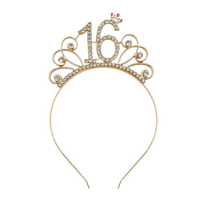 Haarreifen Zahl 16 mit Diamanten + Krone Haarreif 16. Geburtstag Mädchen Damen Frauen gold Metall