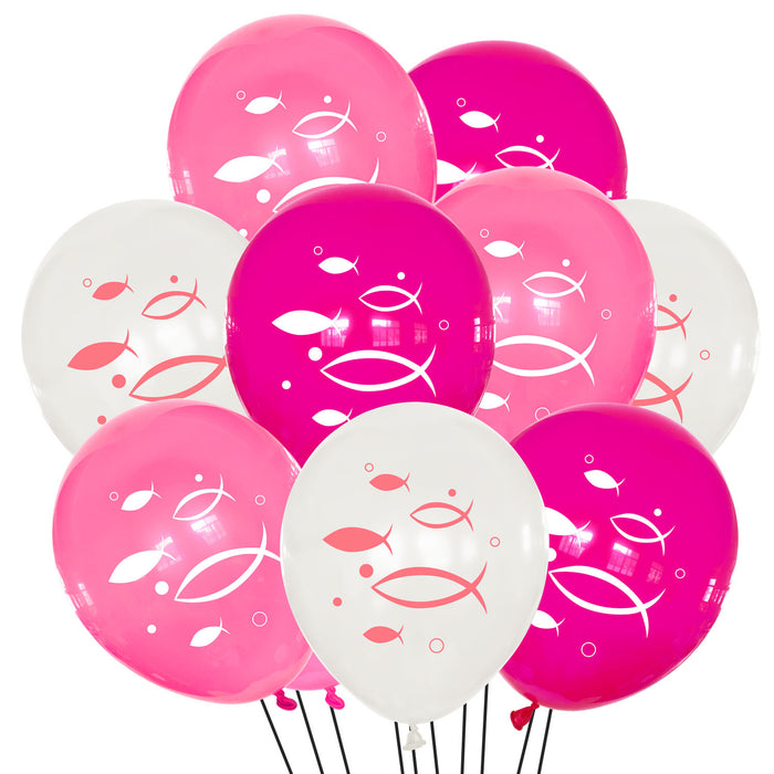 Fisch Luftballon Set 10 Stk. Ballons für Taufe Kommunion Konfirmation Deko Mädchen Weiß Rosa Pink