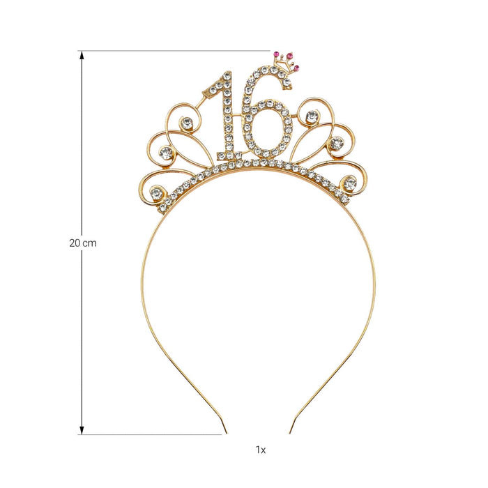 Haarreifen Zahl 16 mit Diamanten + Krone Haarreif 16. Geburtstag Mädchen Damen Frauen gold Metall