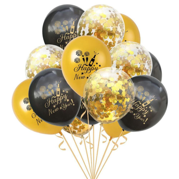 Konfetti Luftballon Set Happy New Year Silvester Neujahr 15 Stk. gold schwarz