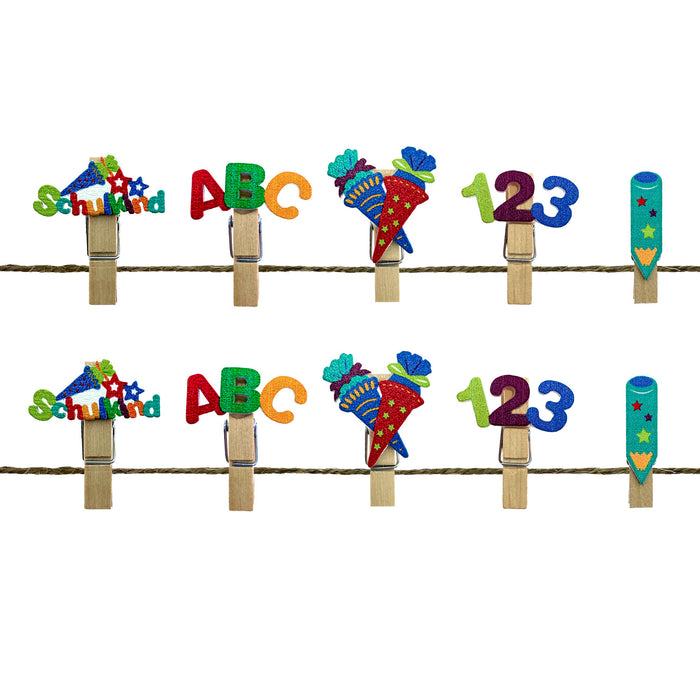 10 Mini Wäscheklammern Holz Miniklammern mit Schulkind 123 ABC Motiv für Schuleinführung Einschulung - bunt