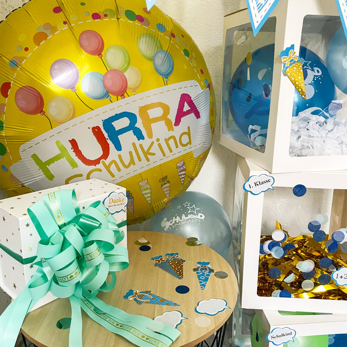 Schuleinführung Schulanfang Einschulung Deko Set für Jungen - Ballonbox + Girlanden + Ballons + Konfetti