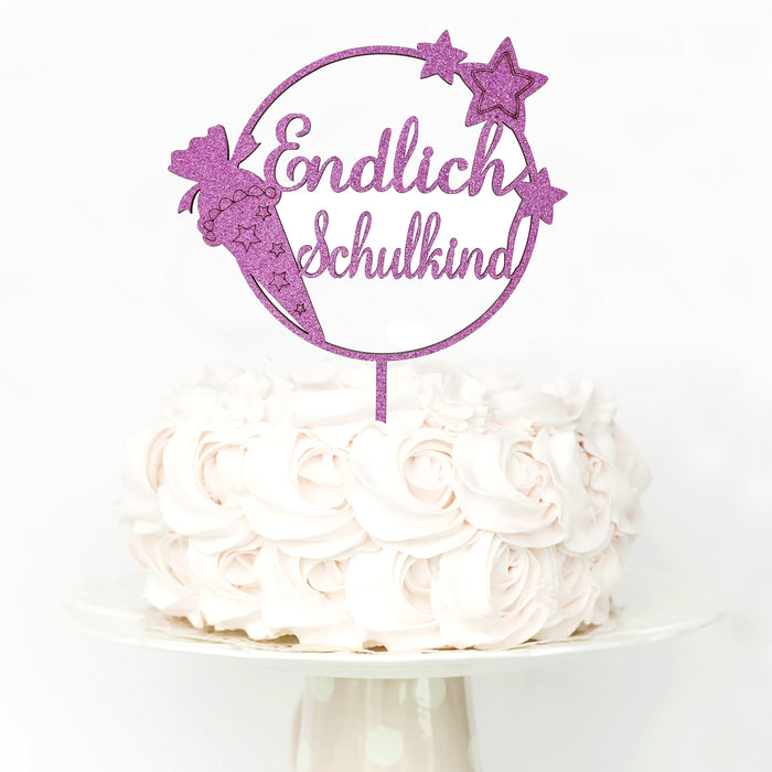 Endlich Schulkind Holz Torten Topper Glitzernd rosa für Schuleinführung Einschulung Schulanfang Kuchendeckel