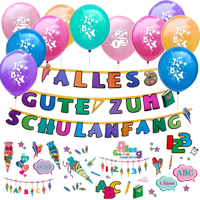 Schuleinführung Schulanfang Einschulung Deko Set - Luftballons + Girlande + Kinder Tattoo Set