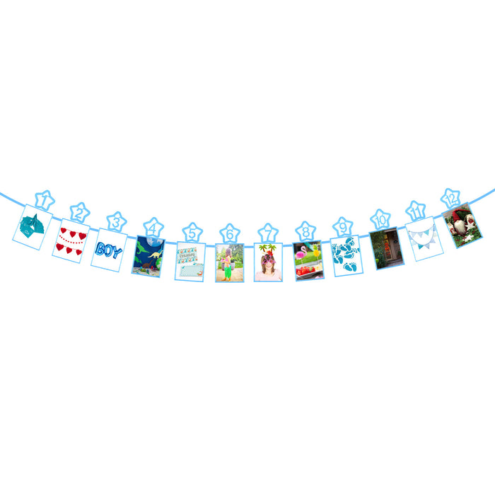 Monatsgirlande 12 Monate + Sterne Baby Girlande Babyshower Junge Geburtstag Geschenk - blau