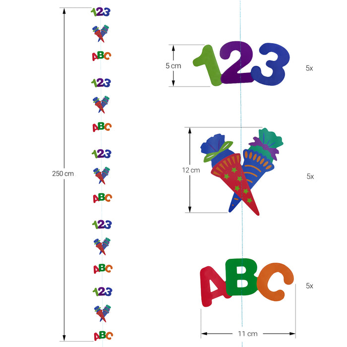 Deckenhänger Girlande mit 123 ABC Zuckertüte Anhänger für Schuleinführung Einschulung - bunt